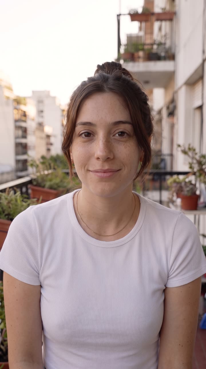 Portrait of a young woman in a white t-shirt on a Buenos Aires balcony, looking at camera.